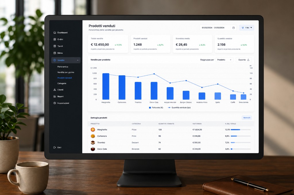 Zappy dashboard admin con report vendite, prodotti e statistiche su schermo desktop