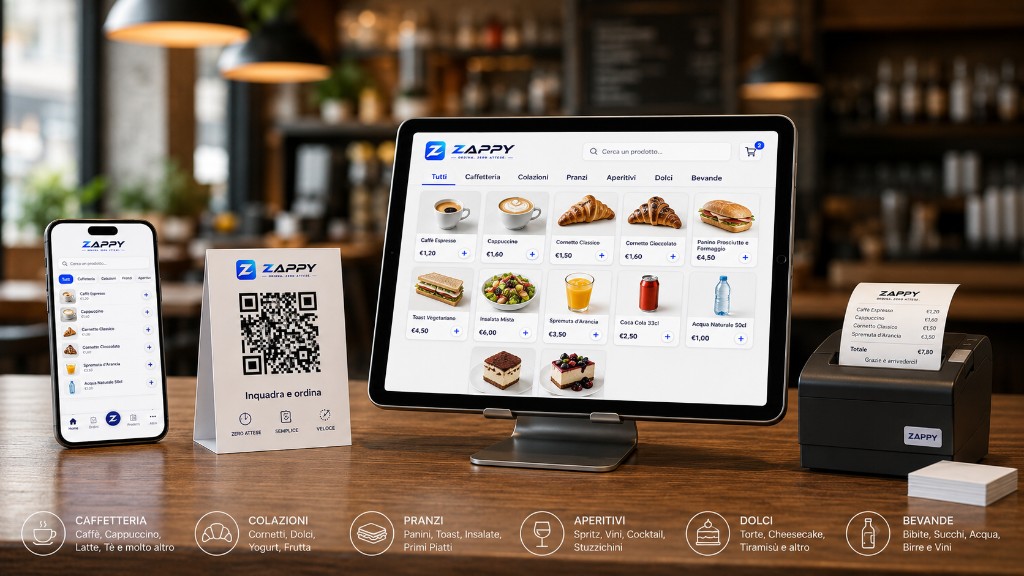 Banco con ecosistema Zappy: tablet con menu digitale, smartphone, QR da tavolo e stampante comande