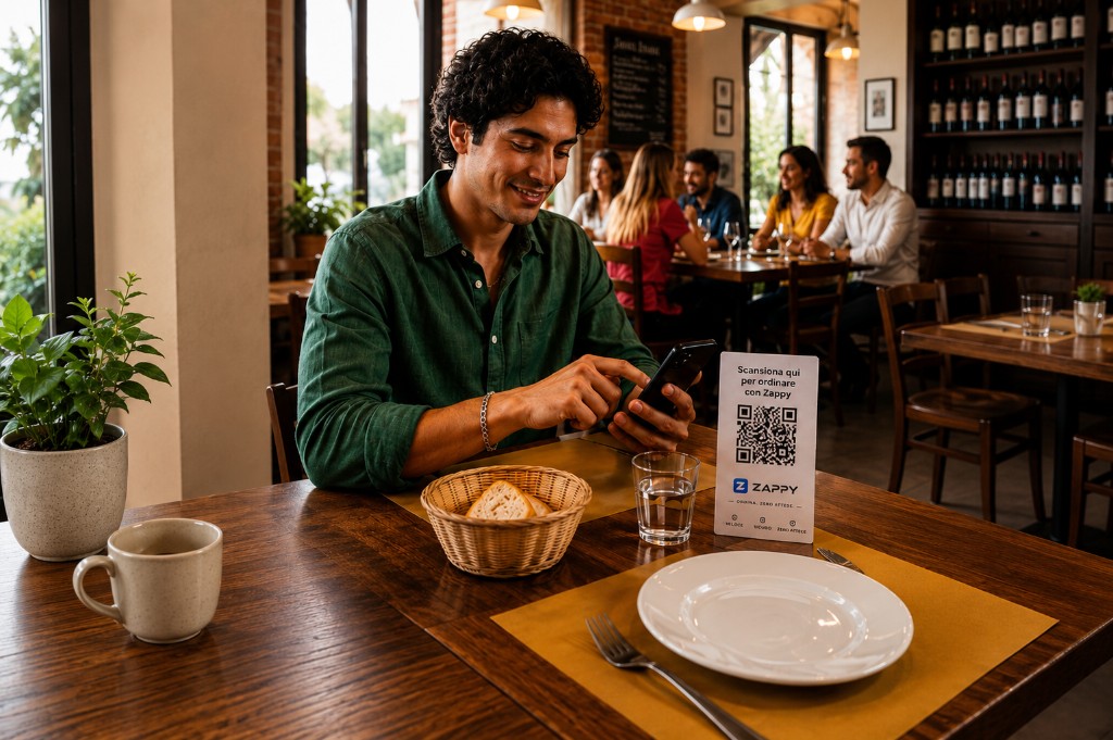 Cliente in sala con Zappy: QR sul tavolo e ordine digitale dall’app