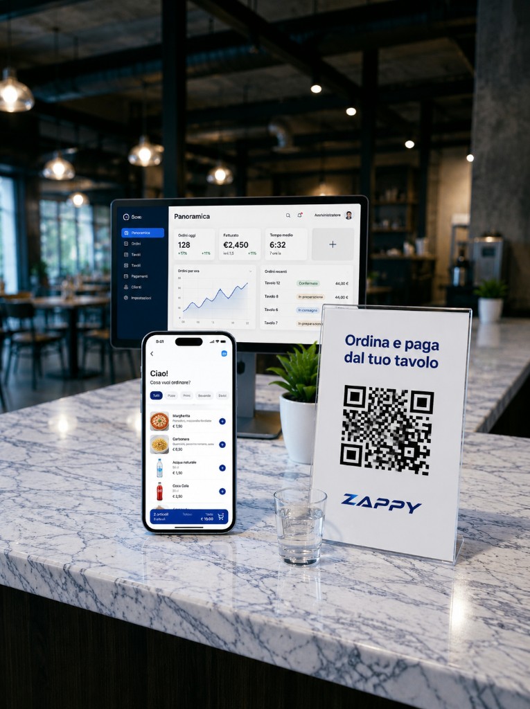 Zappy: app menu digitale, dashboard gestionale e QR da tavolo in una scena premium