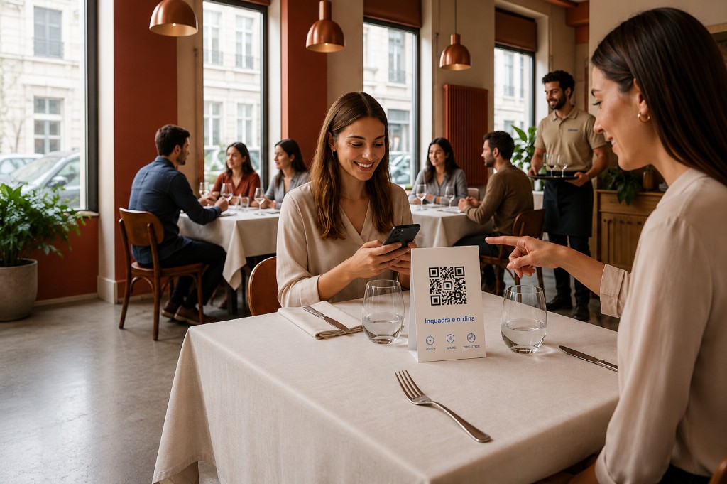 Cliente al ristorante con QR Zappy sul tavolo per ordinare e pagare in autonomia