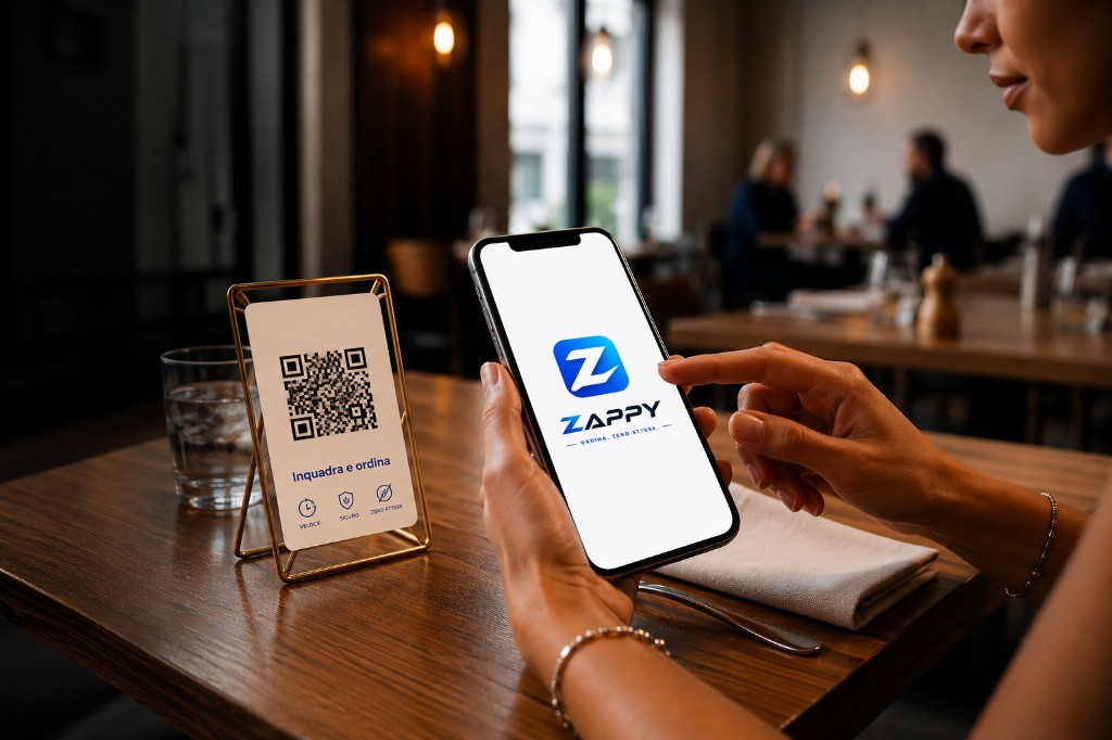 Zappy: QR al tavolo e app cliente con logo originale su smartphone